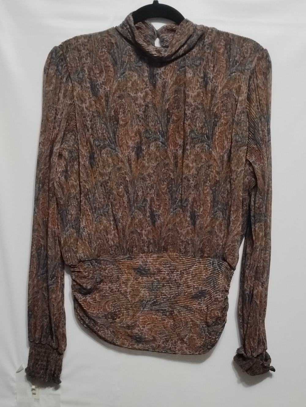Joie Brown Multi-Patterned Long Metallic Mock Neck Sleeve Blouse‎